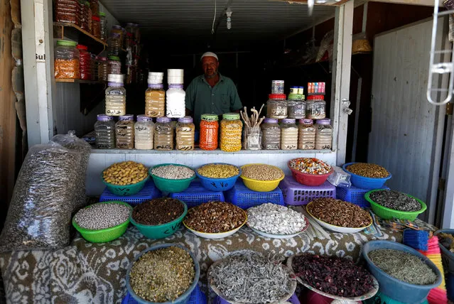 A Syrian refugee vendor poses at his legumes shop at the main market, in the Al-Zaatri refugee camp in the Jordanian city of Mafraq, Jordan, near the border with Syria September 17, 2016. (Photo by Muhammad Hamed/Reuters)
