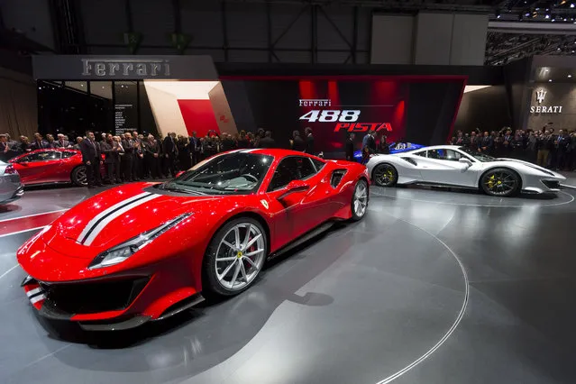 The new Ferrari 488 Pista is presented during the press day at the 88th Geneva International Motor Show in Geneva, Switzerland, Tuesday, March 6, 2018. The Motor Show will open its gates to the public from March 8 to 18. (Photo by Cyril Zingaro/Keystone via AP Photo)