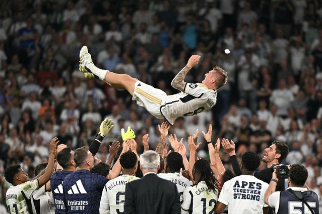 Real Madrid's German midfielder #08 Toni Kroos is thrown in the air by teammates during the Spanish league football match between Real Madrid CF and Real Betis at the Santiago Bernabeu stadium in Madrid on May 25, 2024. Real Madrid's German international midfielder Toni Kroos announced he will retire from all football after Euro 2024. Before the European Championship, Kroos has a chance to win the Champions League with Real for a fifth time when they face Borussia Dortmund at Wembley on June 1. (Photo by Javier Soriano/AFP Photo)