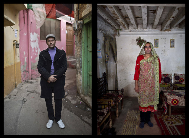 This combination of two images taken on Monday, January 12, 2015, shows Pakistani Tahir Abbas, 26, posing for a picture in Rawalpindi, Pakistan. (Photo by Muhammed Muheisen/AP Photo)
