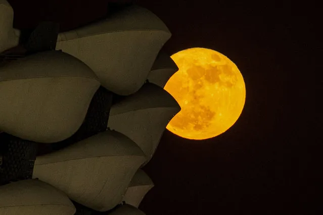 The “buck moon” rises behind Basra International Stadium in Iraq's southern city of Basra on July 3, 2023. (Photo by Hussein Faleh/AFP Photo)