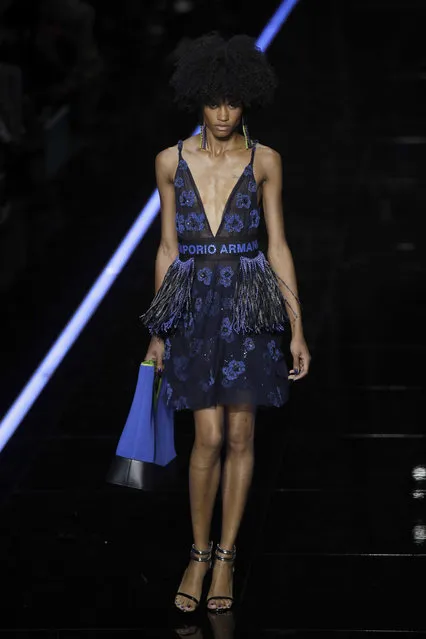 A model wears a creation as part of the Emporio Armani women's 2019 Spring-Summer collection, unveiled during the Fashion Week in Milan, Italy, Thursday, September 20, 2018. (Photo by Luca Bruno/AP Photo)