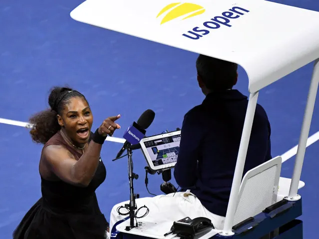 Serena Williams of the U.S. yells at chair umpire Carlos Ramos in the women's final against Naomi Osaka of Japan at the U.S. Open tennis tournament in New York on September 9, 2018. (Photo by Danielle Parhizkaran/USA TODAY Sports via Reuters)