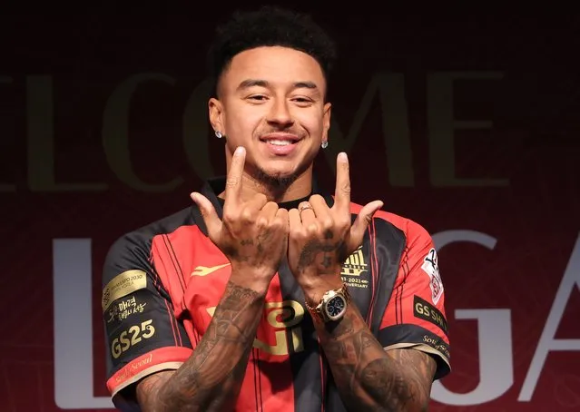 Former Manchester United and England midfielder Jesse Lingard poses during a press conference at Seoul World Cup Stadium in Seoul on February 8, 2024. Lingard said he wanted to “enjoy playing football again” after signing for Korean side FC Seoul on February 8. (Photo by Yonhap/AFP Photo)