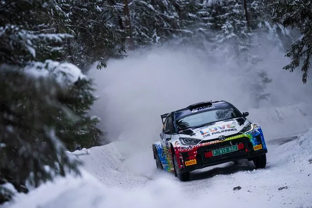 Jan Solans of Spain and his co-driver Rodrigo Sanjuan of Spain steer their Toyota GR Yaris during the shakedown of the Rally Sweden, second round of the FIA World Rally Championship on February 15, 2024 in Umea, Sweden. (Photo by Jonathan Nackstrand/AFP Photo)