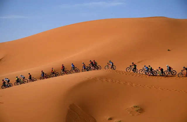 Competitors ride their bikes along sand dunes during the Stage 1 of the 14th edition of Titan Desert 2019 mountain biking race around Merzouga in Morocco on April 28, 2019. (Photo by Franck Fife/AFP Photo)