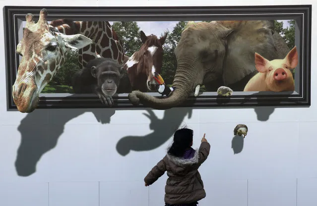 A girl looks at a 3D picture of animals drawn on the safety wall at a construction site of the archery venue for the Tokyo 2020 Summer Olympics in Tokyo, Sunday, February 19, 2017. (Photo by Shizuo Kambayashi/AP Photo)
