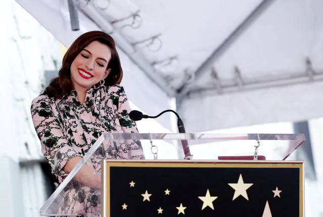 Actor Anne Hathaway reacts during a ceremony to honor her with a star on the Hollywood Walk of Fame in Los Angeles, California, U.S., May 9, 2019. (Photo by Mario Anzuoni/Reuters)