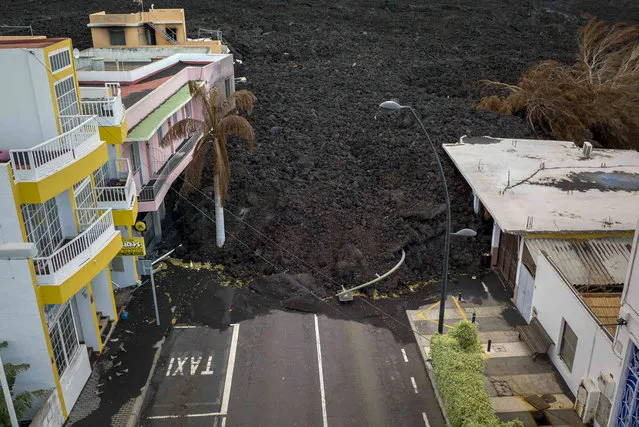 Lava flows destroying houses in La Laguna town as volcano continues to erupt on the Canary island of La Palma, Spain, Monday, November 29, 2021. (Photo by Emilio Morenatti/AP Photo)