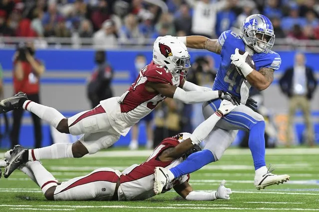 Detroit Lions running back Craig Reynolds is caught by Arizona Cardinals free safeties Jalen Thompson, top, and Deionte Thompson (22) during the second half of an NFL football game, Sunday, December 19, 2021, in Detroit. (Photo by Lon Horwedel/AP Photo)