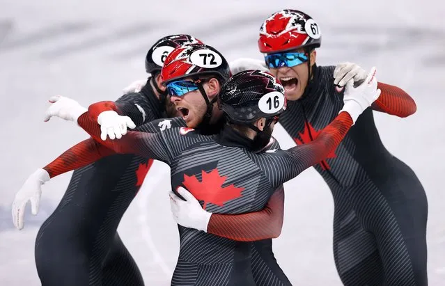 Team Canada celebrate winning the Gold medal during the Men's 5000m Relay Final A on day twelve of the Beijing 2022 Winter Olympic Games at Capital Indoor Stadium on February 16, 2022 in Beijing, China. (Photo by Dean Mouhtaropoulos/Getty Images)