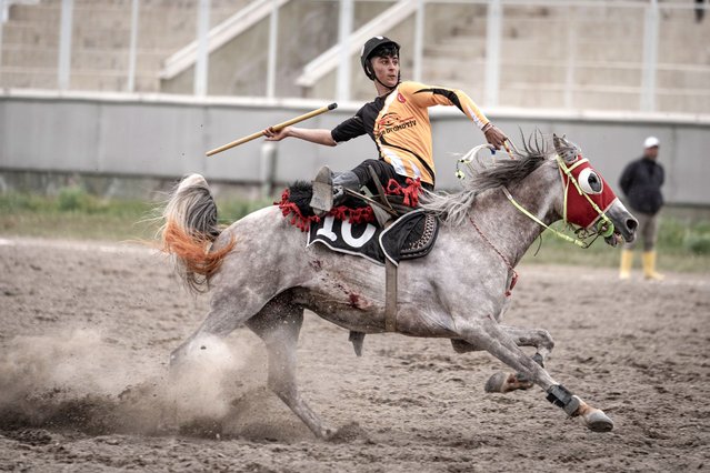 An athlete competes in “Equestrian Javelin League Competitions” organized by the Federation of Traditional Sports Branches in Erzurum, Turkiye on May 19, 2024. (Photo by Hilmi Tunahan Karakaya/Anadolu via Getty Images)