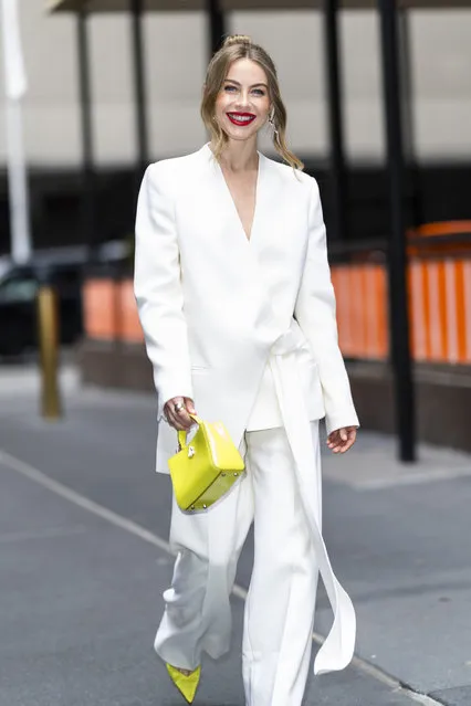 American dancer Julianne Hough is seen wearing a Burenina suit with Jimmy Choo shoes and a Jimmy Choo handbag and Agmes jewelry in Midtown on April 26, 2022 in New York City. (Photo by Gotham/GC Images)