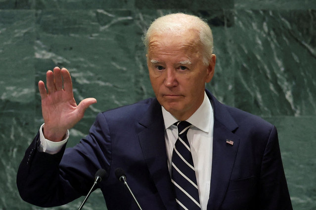 U.S. President Joe Biden gestures as he addresses the 79th United Nations General Assembly at U.N. headquarters in New York on September 24, 2024. (Photo by Mike Segar/Reuters)