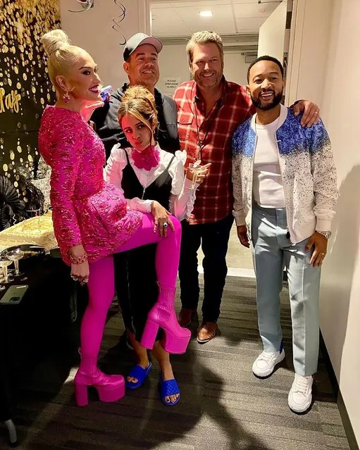 American singer Gwen Stefani, Cuban-American singer-songwriter Camila Cabello, American television host Carson Daly, American country music singer Blake Shelton and American singer-songwriter John Legend goof off on the set of “The Voice” in the last decade of June 2022. (Photo by carsondaly/Instagram)