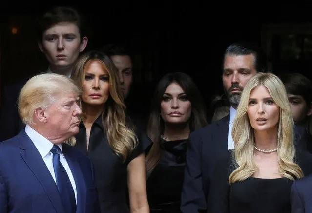 Former U.S. President Donald Trump, his wife Melania, Kimberly Guilfoyle, his sons Barron and Donald Jr. and his daughter Ivanka leave St. Vincent Ferrer Church during the funeral of Ivana Trump, socialite and Trump's first wife, in New York City, U.S., July 20, 2022. (Photo by Brendan McDermid/Reuters)