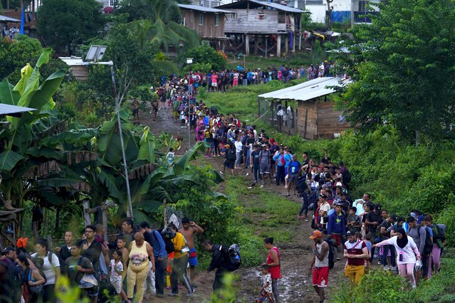 Migrants heading north line up to take a boat in Bajo Chiquito in the Darien province of Panama, Thursday, October 5, 2023, after walking across the Darien Gap from Colombia. (Photo by Arnulfo Franco/AP Photo)