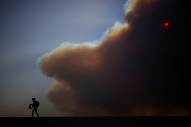 A person walks at Ginger Roger Beach as smoke raises from a wildfire in the Pacific Palisades neighborhood of west Los Angeles, California, on January 7, 2025. (Photo by Mike Blake/Reuters)