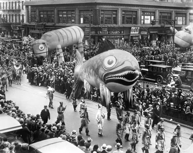 Part of the Thanksgiving Day Parade that officially brings Santa Claus into the Metropolis, New York, New York, late 1920s. The Fish Balloon is 35 feet long, while the Tiger Balloon is 60 feet long, and will be released as the parade nears its end on Broadway. They are filled with helium and will drift for a week, with a $100 prize awarded for each one recovered. (Photo by Underwood Archives/Getty Images)