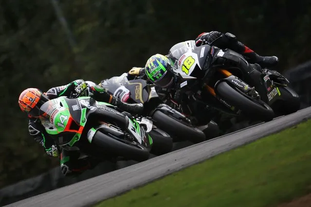 (L-R) Lee Jackson of Kawasaki – Rapid Fulfillment team and Andrew Irwin of Honda Racing ride during the penultimate round of the Bennetts British Superbike Championship at Brands Hatch on October 18, 2020 in Longfield, England. (Photo by Ker Robertson/Getty Images)