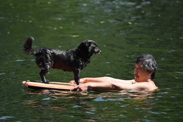 A man swims with his dog in a canal in Beijing on June 22, 2023. Swathes of northern China sweltered in 40-degree heat on June 22, weather data showed, as parts of Beijing and the nearby megacity of Tianjin recorded their highest temperatures for years. (Photo by Greg Baker/AFP Photo)