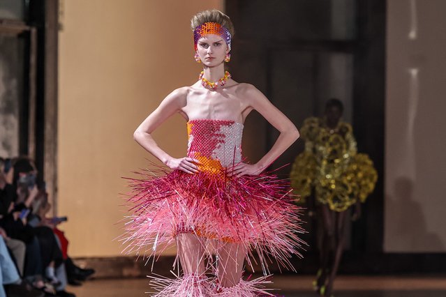 A model presents a creation from the Spring/Summer 2025 Haute Couture collection of Swiss designer Kevin Germanier during Paris Fashion Week, in Paris, France, 30 January 2025. (Photo by Christophe Petit Tesson/EPA/EFE)