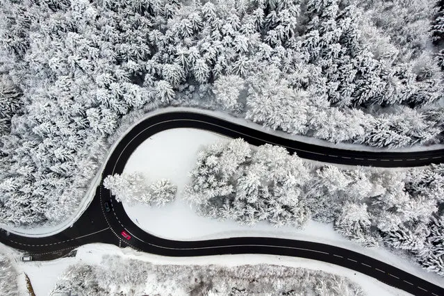 Cars drive on the road of the “Col du Mollendruz” among snow-covered trees in a forest after snowfall, in the Jura Mountains, in Mont-la-Ville, Switzerland, Sunday, December 6, 2020. (Photo by Laurent Gillieron/Keystone via AP Photo)