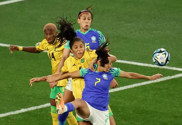 Andressa of Brazil and Chantelle Swaby of Jamaica compete for the ball during the FIFA Women's World Cup Australia & New Zealand 2023 Group F match between Jamaica and Brazil at Melbourne Rectangular Stadium on August 02, 2023 in Melbourne, Australia. (Photo by Asanka Brendon Ratnayake/Reuters)