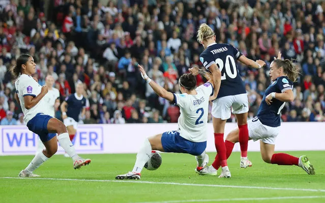 Kirsty Hanson of Scotland scores their sides first goal during the UEFA Womens Nations League match between England and Scotland at Stadium of Light on September 22, 2023 in Sunderland, England. (Photo by Lewis Storey/Getty Images)