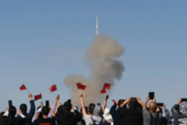 The crewed spacecraft Shenzhou-12, atop a Long March-2F carrier rocket, is launched from the Jiuquan Satellite Launch Center in northwest China's Gobi Desert, June 17, 2021. (Photo by Liu Lei/Xinhua News Agency/Imago)