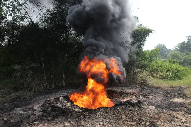 Fire burns on the Shell Petroleum Development Company Trans Niger pipeline (TNP) at Mogho, Gokana, Rivers state, Nigeria January 5, 2017. (Photo by Afolabi Sotunde/Reuters)