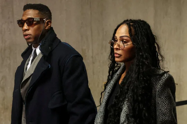 Actor Jonathan Majors arrives with Meagan Good for the jury selection in his assault and harassment case at Manhattan Criminal Court in New York City on November 29, 2023. (Photo by Shannon Stapleton/Reuters)