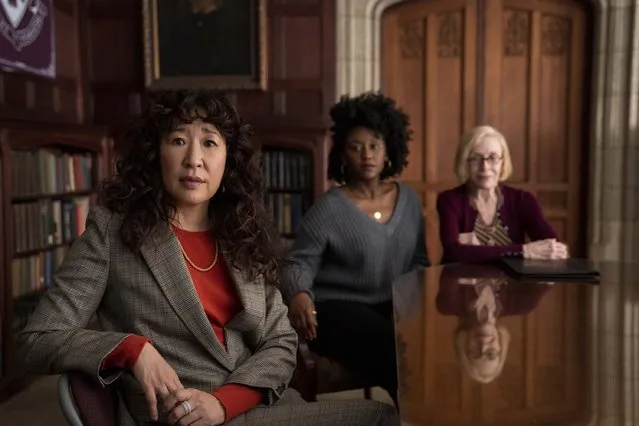 This image released by Netflix shows Sandra Oh, from left, Nana Mensah and Holland Taylor in a scene from “The Chair”. (Photo by Eliza Morse/Netflix via AP Photo)