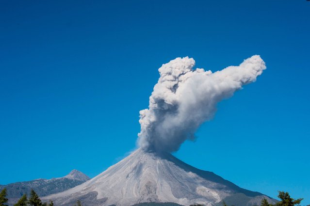 The Colima or Fuego volcano spews ash and smoke on January 22, 2017, as seen from San Antonio, Colima State, Mexico. The Colima volcano is one of the most active in Mexico and in the last days its activity has intensified. (Photo by Hector Guerrero/AFP Photo)