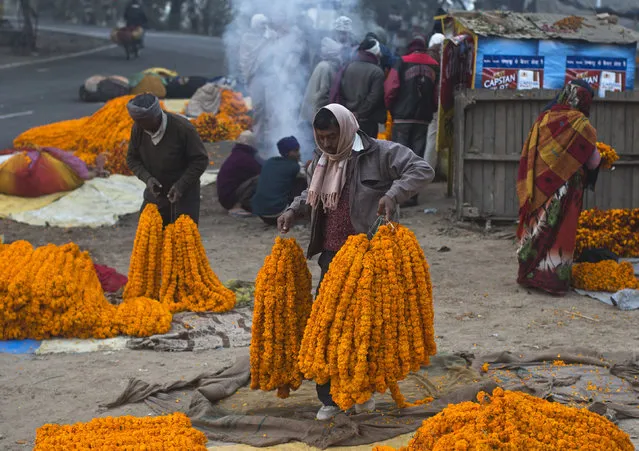 A vendor carries garlands of marigold flowers to sell along the banks of the Ganges river ahead of the “Kumbh Mela” (Pitcher Festival), in the northern Indian city of Allahabad January 11, 2013. (Photo by Ahmad Masood/Reuters)