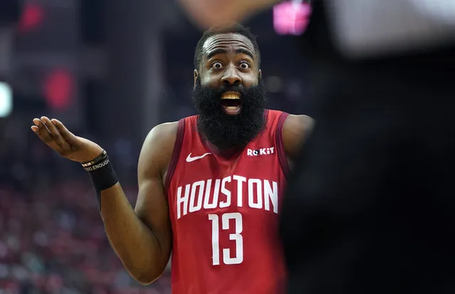 Houston Rockets guard James Harden (13) reacts to an official's call during the first half in Game 5 of an NBA basketball playoff series against the Utah Jazz, in Houston, Wednesday, April 24, 2019. (Photo by David J. Phillip/AP Photo)