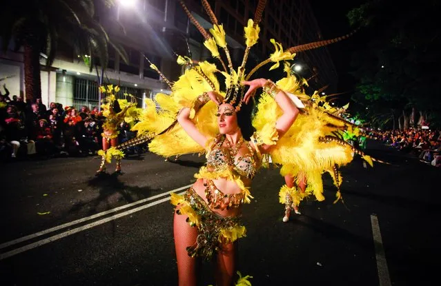 Dancers parade in the street during the carnival in Santa Cruz de Tenerife on the Spanish Canary island of Tenerife on March 1, 2014. The over month long event began on January 31 and finishes on March 8 with orchestras playing Caribbean and Brazilian rhythms throughout the festivities that range from elections for the Carnival Queen. (Photo by Desiree Martin/AFP Photo)