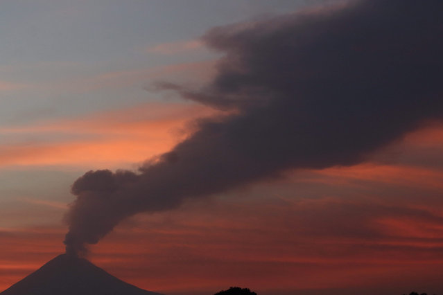 A general view shows Popocatepetl Volcano spewing volcanic ash and smoke into the sky, as it is seen from the town of San Andres Chamula, in the state of Puebla, Mexico, 24 January 2016. (Photo by Francisco Guasco/EPA)