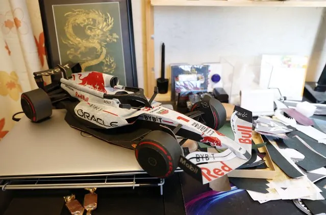 Formula One paper model made with Ise Katagami by Kenji Tanaka is pictured at his house in Suzuka, Japan on March 27, 2024. (Photo by Irene Wang/Reuters)