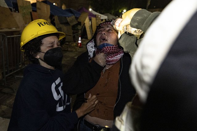 A pro-Palestinian protester (C) is being taken care of after being maced at a pro-Palestinian encampment set up on the campus of the University of California Los Angeles (UCLA) as clashes erupt, in Los Angeles on May 1, 2024. Clashes broke out on May 1, 2024 around pro-Palestinian demonstrations at the University of California, Los Angeles, as universities around the United States struggle to contain similar protests on dozens of campuses. (Photo by Etienne Laurent/AFP Photo)