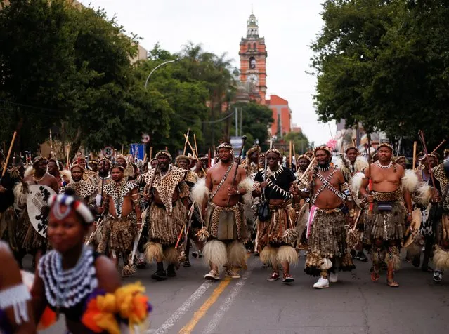 Supporters of Prince Misuzulu KaZwelithini gather at the High Court in Pietermaritzburg where the judge ruled that the Prince is the rightful heir to the Zulu throne and his coronation can be conducted, in Pietermaritzburg, South Africa, March 2, 2022. (Photo by Rogan Ward/Reuters)