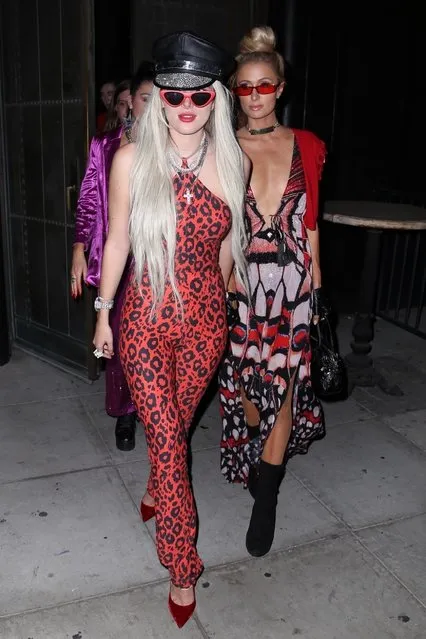 Bella Thorne is seen leaving with Paris Hilton and BF Benjamin Mascolo at her CBD launch party in Los Angeles, CA. on October 11, 2019. Bella reveals her new blonde look as she walks hand in hand with the Iconic Paris Hilton. All three of them coordinated with red inspired outfits as they enjoy their night out on the town. (Photo by Backgrid USA)