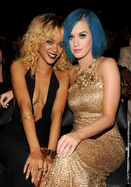 Singers Rihanna and Katy Perry in the audience at the 54th Annual GRAMMY Awards held at Staples Center