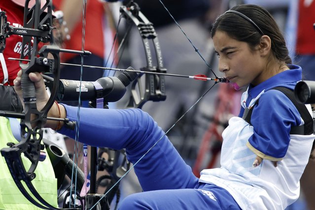 Archer Sheetal Devi from India prepares to fire during the Paralympic Games in Paris on Thursday, August 29, 2024. (Photo by Felix Scheyer/AP Photo)