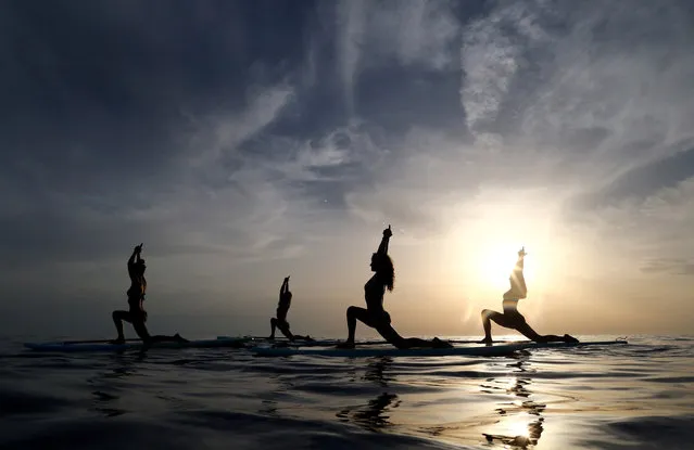 People practise standup paddleboard yoga, or SUP yoga, on the Adriatic coast in Verudela, Croatia July 10, 2017. (Photo by Antonio Bronic/Reuters)