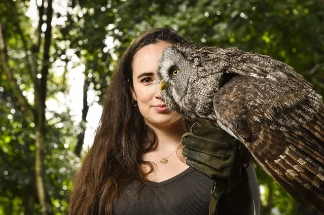 The conservationist Megan McCubbin meets Walter, a great grey owl, as she opens a new wing at the National Bird of Prey Hospital in Hampshire in the first decade of September 2022. (Photo by Jordan Pettitt/Solent News)