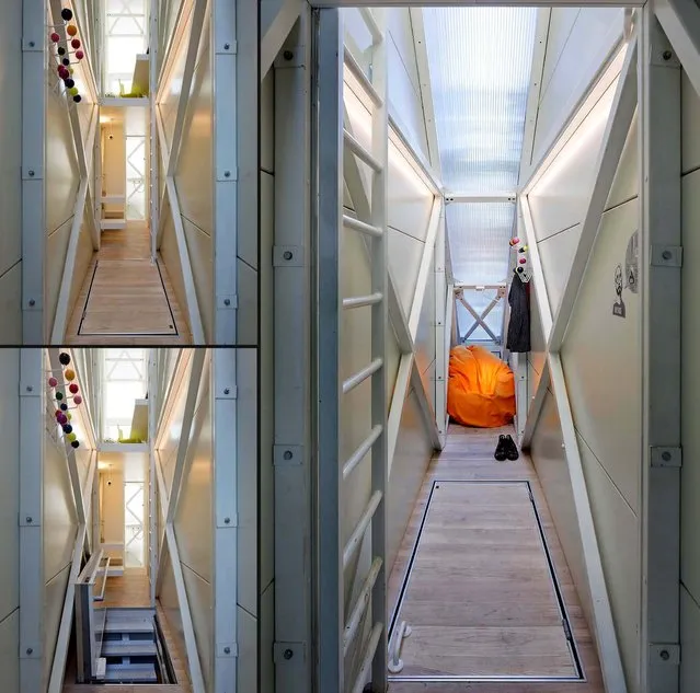 A trap door leads to the staircase entrance below from the living area of the Keret House. (Photo by Andrea Meichsner/The New York Times)