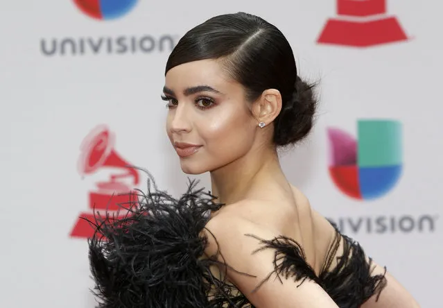 Sofia Carson poses in the press room at the 18th annual Latin Grammy Awards at the MGM Grand Garden Arena on Thursday, November 16, 2017, in Las Vegas. (Photo by Steve Marcus/Reuters)