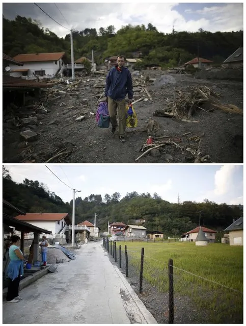 A combination photo shows a man carrying belongings recovered from his house during floods May 20, 2014 (top) and the same place after floods October 8, 2014 in Topcic Polje. (Photo by Dado Ruvic/Reuters)