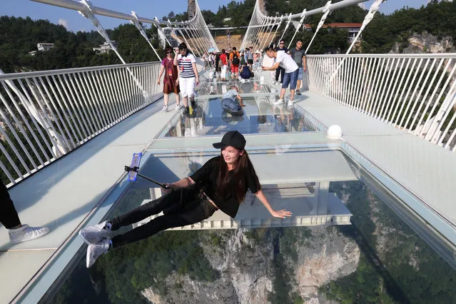 A tourist takes a selfie on the glass-bottom bridge at Zhangjiajie Grand Canyon on August 20, 2016 in Zhangjiajie, Hunan Province of China. The Zhangjiajie Grand Canyon's glass-bottomed bridge welcame its trial operation on Saturday and about 8,000 tourists crowded to view the grand glass bridge. Stretching 430 meters long and 6 meters wide, hovering over a 300-meter-deep valley between two cliffs in the canyon area, the much-awaited "world's highest and longest" glass-bottomed bridge has already set world records for its architecture and construction. (Photo by VCG/VCG via Getty Images)